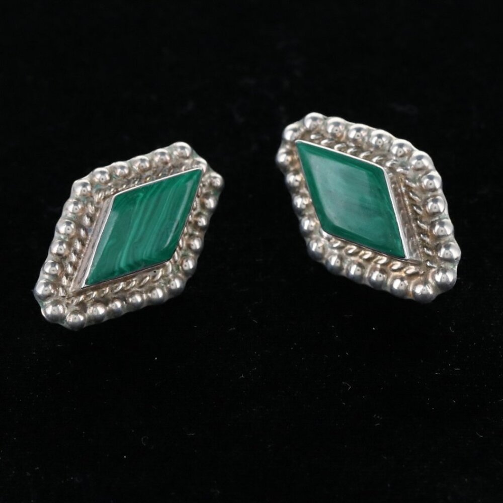 Vintage Mexico 925 Sterling Silver Green Malachite Signed TS-127 Post Earrings